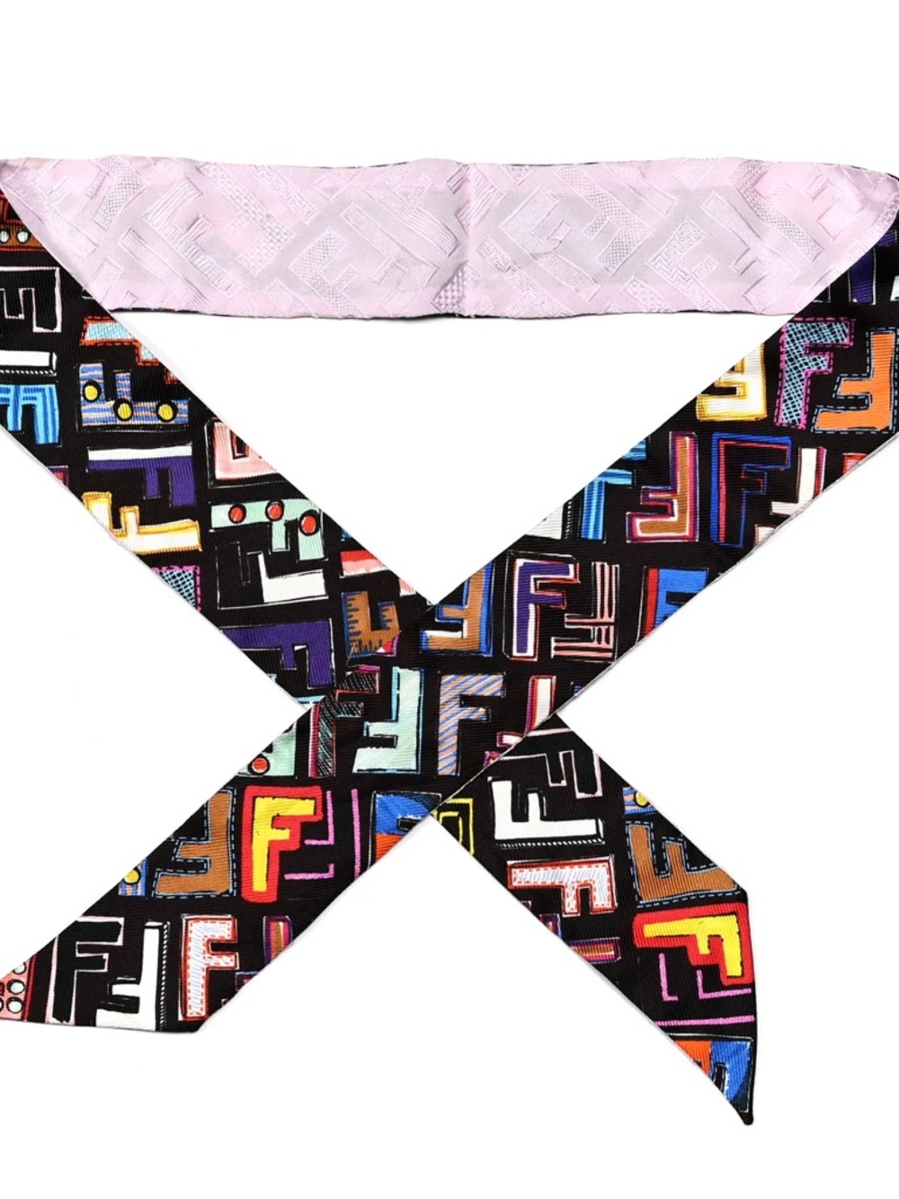 Fendi Multicolor Logo Silk Twilly with Pale Pink Lining
